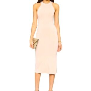 Alice + Olivia Lumi Fitted Midi Crossback Halter Dress Pale Nude NWT
